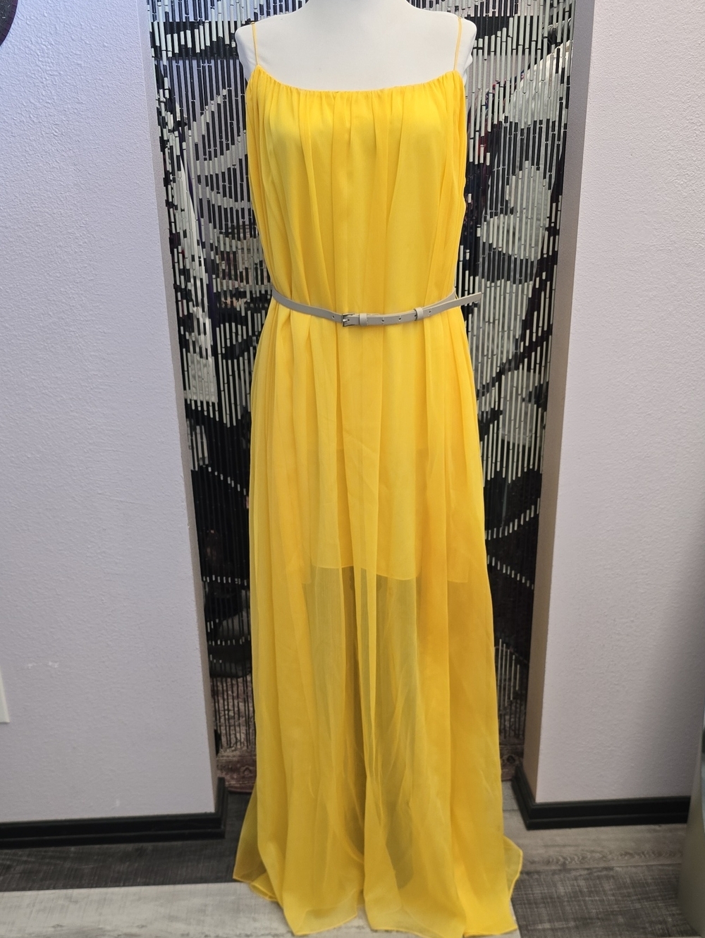 Halston Heritage Lemon Yellow Spaghetti Strap Chiffon Maxi Dress with Gray Belt